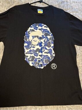A Bathing Ape Black Tee with Blue Camo Ape Head